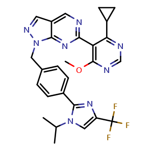 Chemical structure of 6-(4-cyclopropyl-6-methoxypyrimidin-5-yl)-1-(4-(1-isopropyl-4-(trifluoromethyl)-1H-imidazol-2-yl)benzyl)-1H-pyrazolo[3,4-d]pyrimidine , CAS 2446480-97-1, AChemBlock X211333