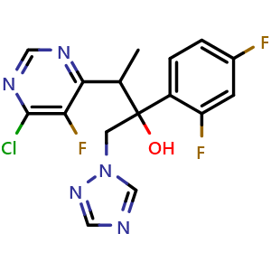Chemical structure of 4-Pyrimidineethanol, 6-chloro-alpha-(2,4-difluorophenyl)-5-fluoro-beta-methyl-alpha-(1H-1,2,4-triazol-1-ylmethyl) , CAS 188416-35-5, AChemBlock X211430