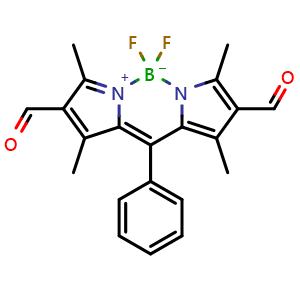 Chemical structure of 5,5-difluoro-1,3,7,9-tetramethyl-10-phenyl-5H-4l4,5l4-dipyrrolo[1,2-c:2',1'-f][1,3,2]diazaborinine-2,8-dicarbaldehyde , CAS 2022166-57-8, AChemBlock X211551