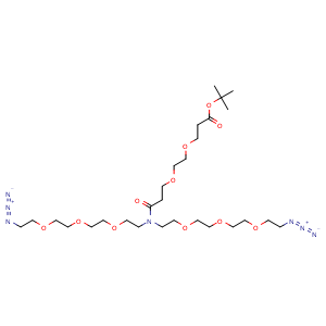 Chemical structure of N-(Boc-PEG2)-N-bis(PEG3-azide) , CAS 2353409-46-6, AChemBlock X211623