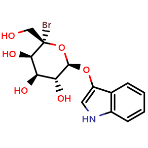 Chemical structure of (2S,3R,4R,5R,6R)-6-((1H-indol-3-yl)oxy)-2-bromo-2-(hydroxymethyl)tetrahydro-2H-pyran-3,4,5-triol , CAS 97753-82-7, AChemBlock X211667