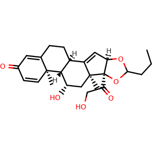 Chemical structure of (6aR,6bS,7S,8aS,8bS,11aR,12bR)-7-hydroxy-8b-(2-hydroxyacetyl)-6a,8a-dimethyl-10-propyl-1,2,6a,6b,7,8,8a,8b,11a,12b-decahydro-4H-naphtho[2',1':4,5]indeno[1,2-d][1,3]dioxol-4-one , CAS 131918-64-4, AChemBlock X211720