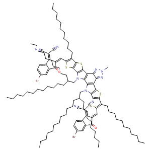 Chemical structure of 2,2'-(((12,13-bis(2-decyltetradecyl)-6-methyl-3,9-diundecyl-12,13-dihydro-6H-thieno[2'',3'':4',5']thieno[2',3':4,5]pyrrolo[3,2-g]thieno[2',3':4,5]thieno[3,2-b][1,2,3]triazolo[4,5-e]indole-2,10-diyl)bis(methaneylylidene))bis(5-bromo-3-oxo-2,3-dihydro-.. , CAS 2761541-59-5, AChemBlock X211815