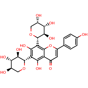 Chemical structure of 5,7-dihydroxy-2-(4-hydroxyphenyl)-6-((2S,3R,4S,5R)-3,4,5-trihydroxytetrahydro-2H-pyran-2-yl)-8-((2S,3R,4S,5S)-3,4,5-trihydroxytetrahydro-2H-pyran-2-yl)-4H-chromen-4-one , CAS 85700-46-5, AChemBlock X211849