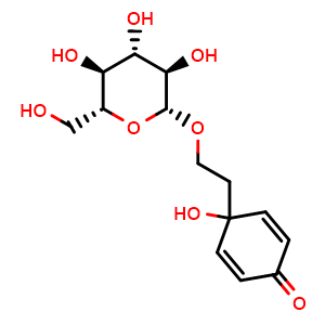Chemical structure of 4-hydroxy-4-(2-(((2R,3R,4S,5S,6R)-3,4,5-trihydroxy-6-(hydroxymethyl)tetrahydro-2H-pyran-2-yl)oxy)ethyl)cyclohexa-2,5-dien-1-one , CAS 40661-45-8, AChemBlock X211850