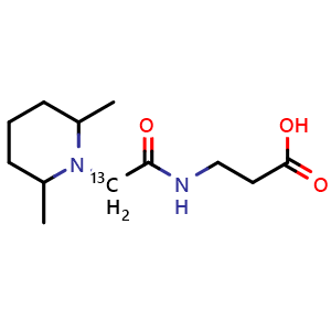 Chemical structure of 3-(2-(2,6-dimethylpiperidin-1-yl)acetamido-2-13C-2-13C)propanoic acid , CAS 922182-44-3, AChemBlock X211879