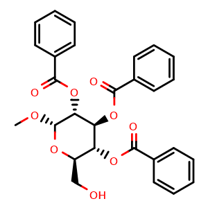 Chemical structure of Methyl 2,3,4-Tri-O-benzoyl-α-D-glucopyranoside , CAS 34234-44-1, AChemBlock X211894