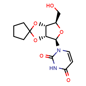 Chemical structure of 1-((3aR,4R,6R,6aR)-4-(hydroxymethyl)tetrahydrospiro[cyclopentane-1,2-furo[3,4-d][1,3]dioxol]-6-yl)pyrimidine-2,4(1H,3H)-dione , CAS 5297-71-2, AChemBlock X211896