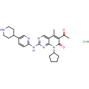 Chemical structure of 6-acetyl-8-cyclopentyl-5-methyl-2-((5-(piperidin-4-yl)pyridin-2-yl)amino)pyrido[2,3-d]pyrimidin-7(8H)-one hydrochloride , AChemBlock X211935