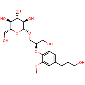 Chemical structure of (2R)-3-Hydroxy-2-[4-(3-hydroxypropyl)-2- methoxyphenoxy]propyl beta-D-glucopyranoside , CAS 198817-97-9, AChemBlock X211959
