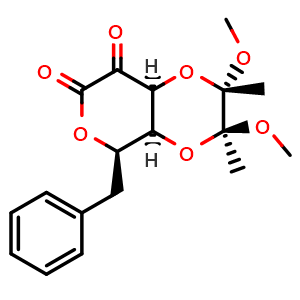 Chemical structure of (2S,3S,4aS,5R,8aS)-5-benzyloxy-2,3-dimethoxy-2,3-dimethyl-5,8a-dihydro-4aH-pyrano[3,4-b][1,4]dioxin-8-one , CAS 1309358-01-7, AChemBlock X211966