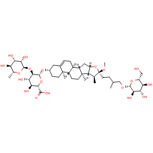 Chemical structure of (3beta,22alpha)-26-(beta-glucopyranosyloxy)-22-methoxyfurost-5-en-3-yl 2-O-(6-deoxy-alpha-mannopyranosyl)-beta-glucopyranosiduronic acid , CAS 107783-53-9, AChemBlock X211972