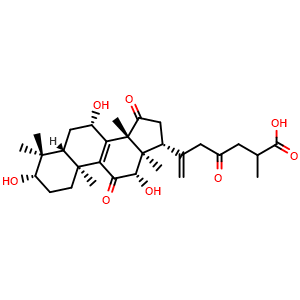 Chemical structure of (3beta,7beta,12beta,20Z)- 3,7,12- trihydroxy-11,15,23-trioxo-lanost-8,20-dien-26-oic acid , CAS 1961358-02-0, AChemBlock X211973