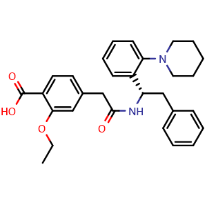 Chemical structure of (S)-2-Ethoxy-4-(2-oxo-2-((2-phenyl-1-(2-(piperidin-1-yl)phenyl)ethyl)amino)ethyl)benzoic acid , CAS 1803084-79-8, AChemBlock X211981