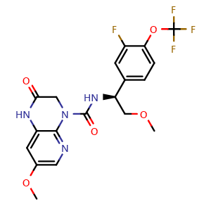 Chemical structure of (S)-N-(1-(3-fluoro-4-(trifluoromethoxy)phenyl)-2-methoxyethyl)-7-methoxy-2-oxo-2,3-dihydropyrido[2,3-b]pyrazine-4(1H)-carboxamide , CAS 1476727-50-0, AChemBlock X211987