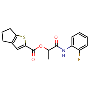 Chemical structure of [2-(2-fluoroanilino)-1-methyl-2-oxo-ethyl] 5,6-dihydro-4H-cyclopenta[b]thiophene-2-carboxylate , CAS 950134-57-3, AChemBlock X211990
