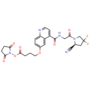 Chemical structure of 2,5-dioxopyrrolidin-1-yl (S)-4-((4-((2-(2-cyano-4,4-difluoropyrrolidin-1-yl)-2-oxoethyl)carbamoyl)quinolin-6-yl)oxy)butanoate , CAS 2832792-96-6, AChemBlock X212008