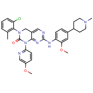 Chemical structure of 3-(2-Chloro-6-methylphenyl)-7-((2-methoxy-4-(1-methylpiperidin-4-yl)phenyl)amino)-1-(5-methoxypyridin-2-yl)-3,4-dihydropyrimido[4,5-d]pyrimidin-2(1H)-one , CAS 1936529-65-5, AChemBlock X212016