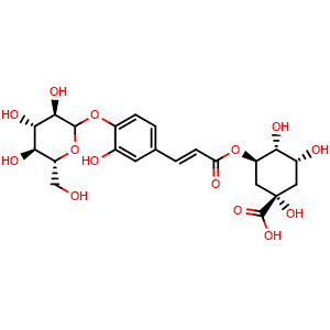 Chemical structure of 3-[[(2E)-3-[4-(D-glucopyranosyloxy)-3-hydroxyphenyl]-1-oxo-2-propen-1-yl]oxy]-1,4,5-trihydroxy-(1S,3R,4R,5R)-Cyclohexanecarboxylic acid , CAS 1629852-63-6, AChemBlock X212017