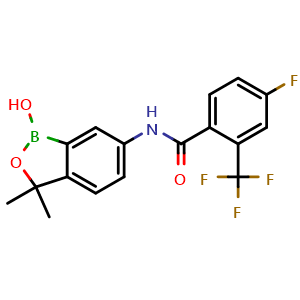 Chemical structure of 4-fluoro-N-(1-hydroxy-3,3-dimethyl-1,3-dihydrobenzo[c][1,2]oxaborol-6-yl)-2-(trifluoromethyl)benzamide , CAS 1266084-51-8, AChemBlock X212023