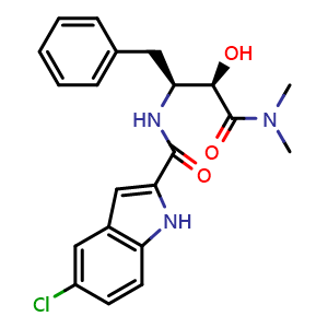 Chemical structure of 5-chloro-n-((2s,3r)-4-(dimethylamino)-3-hydroxy-4-oxo-1-phenylbutan-2-yl)-1h-indole-2-carboxamide , CAS 186392-40-5, AChemBlock X212029