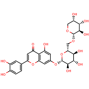 Chemical structure of Luteolin-7-O-alpha-L-arabinopyranosyl (1->6)-beta-D-glucopyranoside , CAS 52714-82-6, AChemBlock X212340
