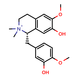 Chemical structure of (1S)-1-[(3-hydroxy-4-methoxyphenyl)methyl]-6-methoxy-2,2-dimethyl-3,4-dihydro-1H-isoquinolin-2-ium-7-ol chloride , CAS 18446-73-6, AChemBlock X212508