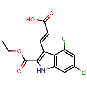 Chemical structure of (2E)-3-[4,6-dichloro-2-(ethoxycarbonyl)-1H-indol-3-yl]prop-2-enoic acid , CAS 159054-14-5, AChemBlock X212681