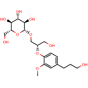 Chemical structure of (2S)-3-Hydroxy-2-[4-(3-hydroxypropyl)-2- methoxyphenoxy]propyl beta-D-glucopyranoside , CAS 198817-98-0, AChemBlock X212757