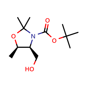 Chemical structure of (4s,5r)-tert-butyl 4-(hydroxymethyl)-2,2,5-trimethyloxazolidine-3-carboxylate , CAS 1264520-06-0, AChemBlock X212857