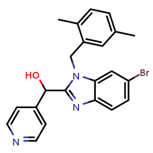 Chemical structure of (6-bromo-1-(2,5-dimethylbenzyl)-1H-benzo[d]imidazol-2-yl)(pyridin-4-yl)methanol , CAS 1515919-07-9, AChemBlock X212882