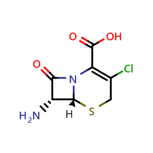 Chemical structure of (6R,7R)-7-amino-3-chloro-8-oxo-5-thia-1-azabicyclo[4.2.0]oct-2-ene-2-carboxylic acid , CAS 53994-69-7, AChemBlock X212890