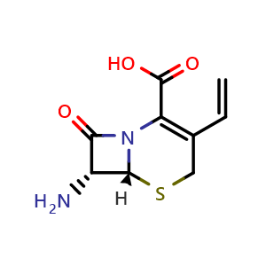 Chemical structure of (6R,7R)-7-Amino-8-oxo-3-vinyl-5-thia-1-azabicyclo[4.2.0]oct-2-ene-2-carboxylic acid , CAS 79349-82-9, AChemBlock X212891