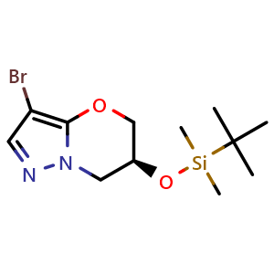 Chemical structure of (6S)-3-bromo-6-[(tert-butyldimethylsilyl)oxy]-5H,6H,7H-pyrazolo[3,2-b][1,3]oxazine , CAS 2676864-89-2, AChemBlock X212892