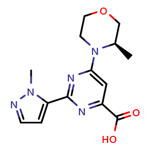 Chemical structure of (R)-2-(1-methyl-1H-pyrazol-5-yl)-6-(3-methylmorpholino)pyrimidine-4-carboxylic acid , AChemBlock X212953