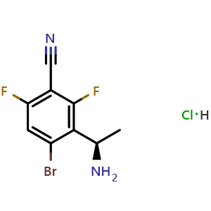 Chemical structure of (r)-3-(1-aminoethyl)-4-bromo-2,6-difluorobenzonitrile hydrochloride , AChemBlock X212960