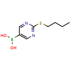 Chemical structure of [2-(butylsulfanyl)pyrimidin-5-yl]boronic acid , CAS 2096333-75-2, AChemBlock X213096