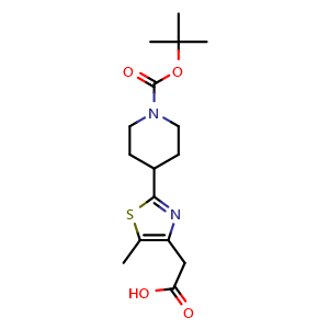 Chemical structure of [2-[1-(tert-butoxycarbonyl)piperidin-4-yl]-5-methyl-1,3-thiazol-4-yl]acetic acid , CAS 845885-88-3, AChemBlock X213103