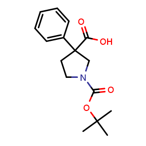 Chemical structure of 1-(tert-butoxycarbonyl)-3-phenylpyrrolidine-3-carboxylic acid , CAS 889654-10-8, AChemBlock X213331