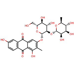 Chemical structure of 1,3,6-Trihydroxy-2-methylanthraquinone 3-O-alpha-L-rhamnosyl-(1->2)-beta-D-glucoside , CAS 87686-88-2, AChemBlock X213359
