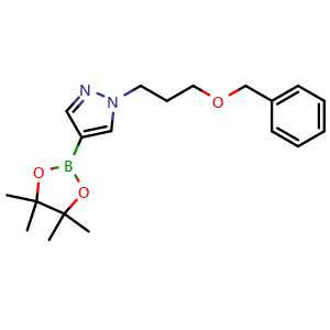 Chemical structure of 1-[3-(benzyloxy)propyl]-4-(4,4,5,5-tetramethyl-1,3,2-dioxaborolan-2-yl)-1H-pyrazole , CAS 1309960-92-6, AChemBlock X213406