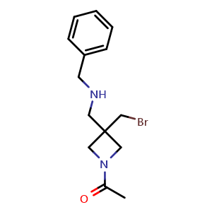 Chemical structure of 1-[3-[(benzylamino)methyl]-3-(bromomethyl)azetidin-1-yl]ethanone , CAS 2920407-54-9, AChemBlock X213407