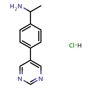 Chemical structure of 1-[4-(pyrimidin-5-yl)phenyl]ethan-1-amine hydrochloride , AChemBlock X213408