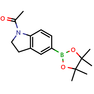 Chemical structure of 1-[5-(4,4,5,5-tetramethyl-1,3,2-dioxaborolan-2-yl)-2,3-dihydro-1H-indol-1-yl]ethan-1-one , CAS 937591-32-7, AChemBlock X213412