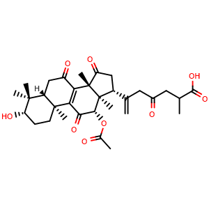 Chemical structure of 12beta-Acetoxy-3beta-hydroxy-7,11,15,23-tetraoxo-lanost-8,20-diene-26-oic acid , CAS 1085338-75-5, AChemBlock X213428