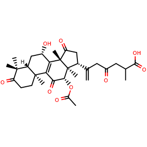 Chemical structure of 12beta-Acetoxy-7beta-hydroxy-3,11,15,23-tetraoxo-5alpha-lanosta-8,20-dien-26-oic acid , CAS 1245946-62-6, AChemBlock X213429