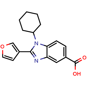 Chemical structure of 1-cyclohexyl-2-(furan-3-yl)-1h-benzo[d]imidazole-5-carboxylic acid , CAS 390811-95-7, AChemBlock X213488