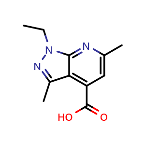 Chemical structure of 1-ethyl-3,6-dimethyl-1H-pyrazolo[3,4-b]pyridine-4-carboxylic acid , CAS 832743-11-0, AChemBlock X213500