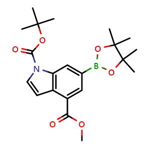 Chemical structure of 1-tert-butyl 4-methyl 6-(4,4,5,5-tetramethyl-1,3,2-dioxaborolan-2-yl)-1H-indole-1,4-dicarboxylate , CAS 2377607-84-4, AChemBlock X213593
