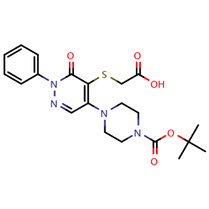 Chemical structure of 2-((5-(4-(tert-butoxycarbonyl)piperazin-1-yl)-3-oxo-2-phenyl-2,3-dihydropyridazin-4-yl)thio)acetic acid , CAS 1404364-40-4, AChemBlock X213600